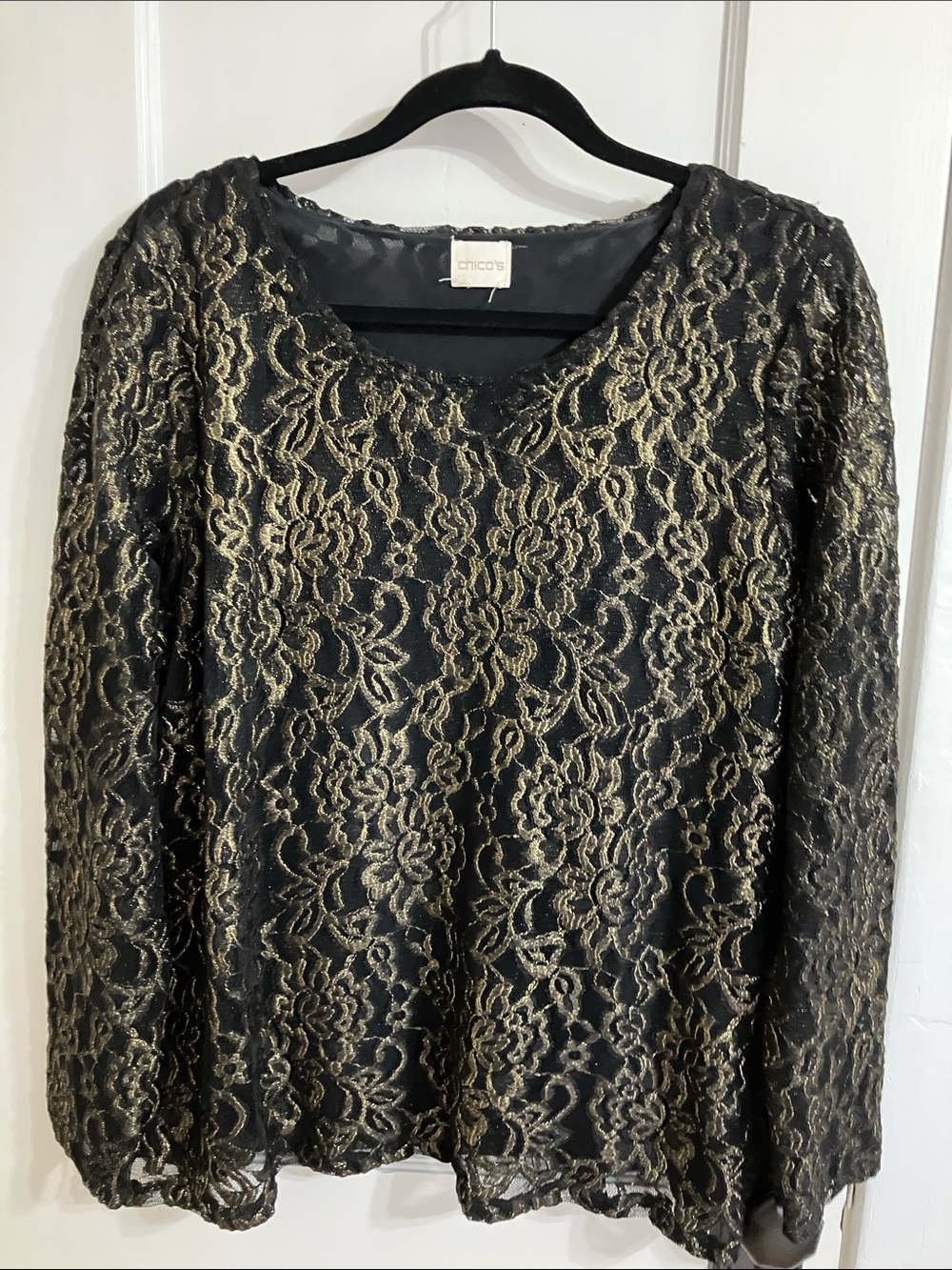 Chico's Black Top with Gold Lace Overlay